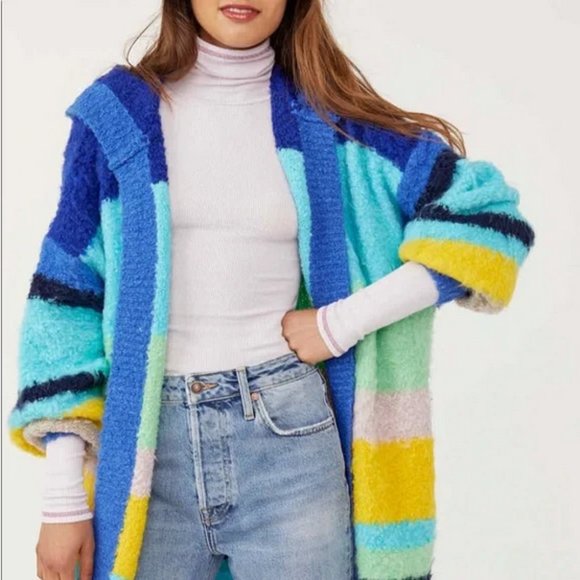 Free People Dream Team Cardigan Stripe Hooded Sweater Sunny Skies Size L - Picture 2 of 15